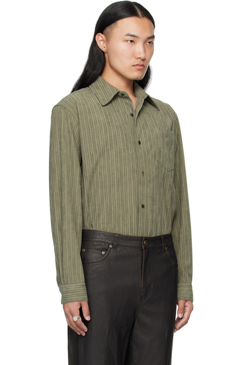 Chenille shirt. 

· Striped throughout 
· Spread collar 
· Button closure 
· Patch pocket at chest
· Shirttail hem
· Buttoned barrel cuffs
· Box pleat at back yoke 

Supplier color: Khaki