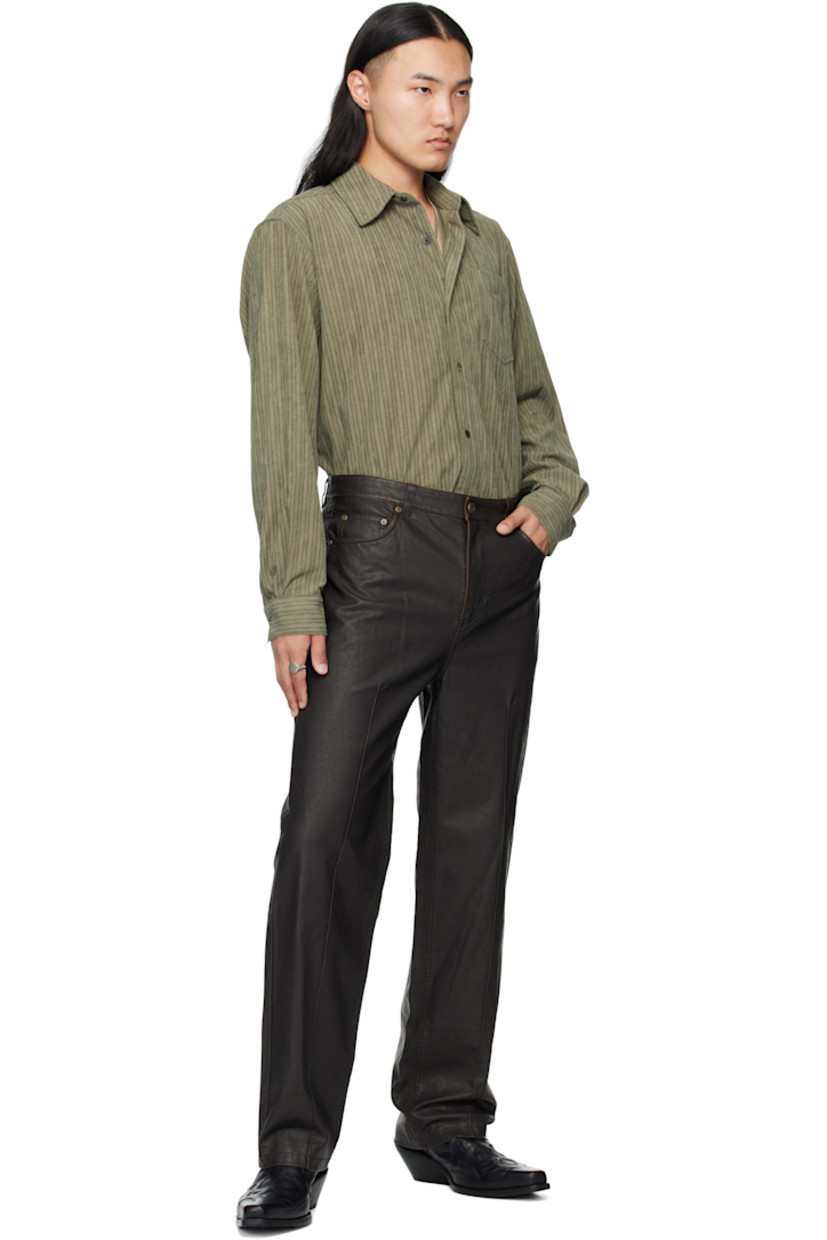 Chenille shirt. 

· Striped throughout 
· Spread collar 
· Button closure 
· Patch pocket at chest
· Shirttail hem
· Buttoned barrel cuffs
· Box pleat at back yoke 

Supplier color: Khaki