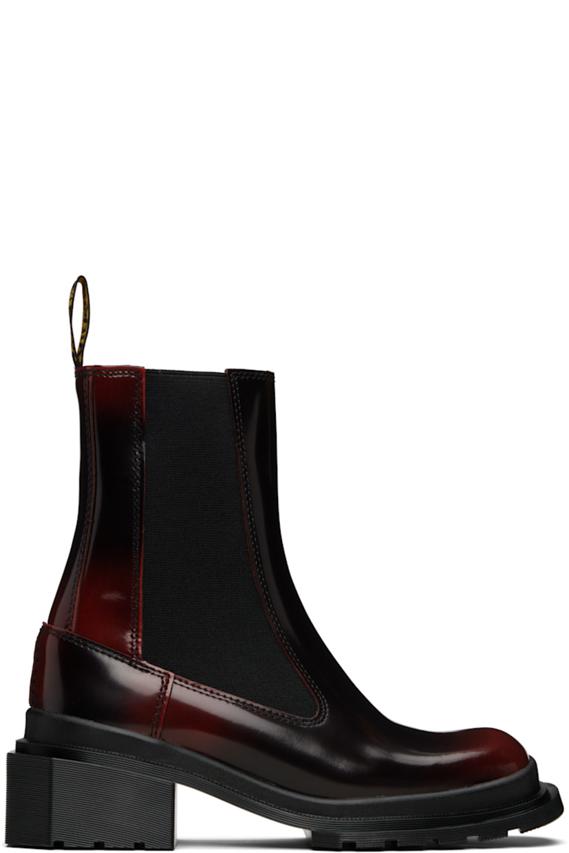 Ankle-high polished leather Chelsea boots.

· Square toe
· Elasticized gusset at sides
· Pull-loop at heel collar
· Suede lining
· Rubber block heel
· Treaded Air Cushion rubber sole
· Heel: H1.5"

Supplier color: Black/Cherry red arcadia