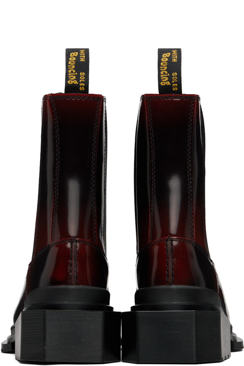 Ankle-high polished leather Chelsea boots.

· Square toe
· Elasticized gusset at sides
· Pull-loop at heel collar
· Suede lining
· Rubber block heel
· Treaded Air Cushion rubber sole
· Heel: H1.5"

Supplier color: Black/Cherry red arcadia