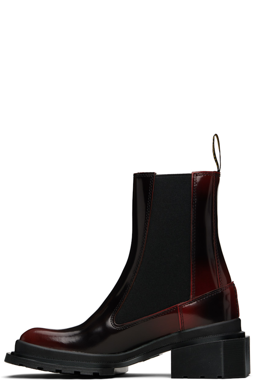 Ankle-high polished leather Chelsea boots.

· Square toe
· Elasticized gusset at sides
· Pull-loop at heel collar
· Suede lining
· Rubber block heel
· Treaded Air Cushion rubber sole
· Heel: H1.5"

Supplier color: Black/Cherry red arcadia