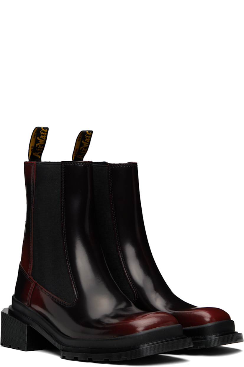 Ankle-high polished leather Chelsea boots.

· Square toe
· Elasticized gusset at sides
· Pull-loop at heel collar
· Suede lining
· Rubber block heel
· Treaded Air Cushion rubber sole
· Heel: H1.5"

Supplier color: Black/Cherry red arcadia