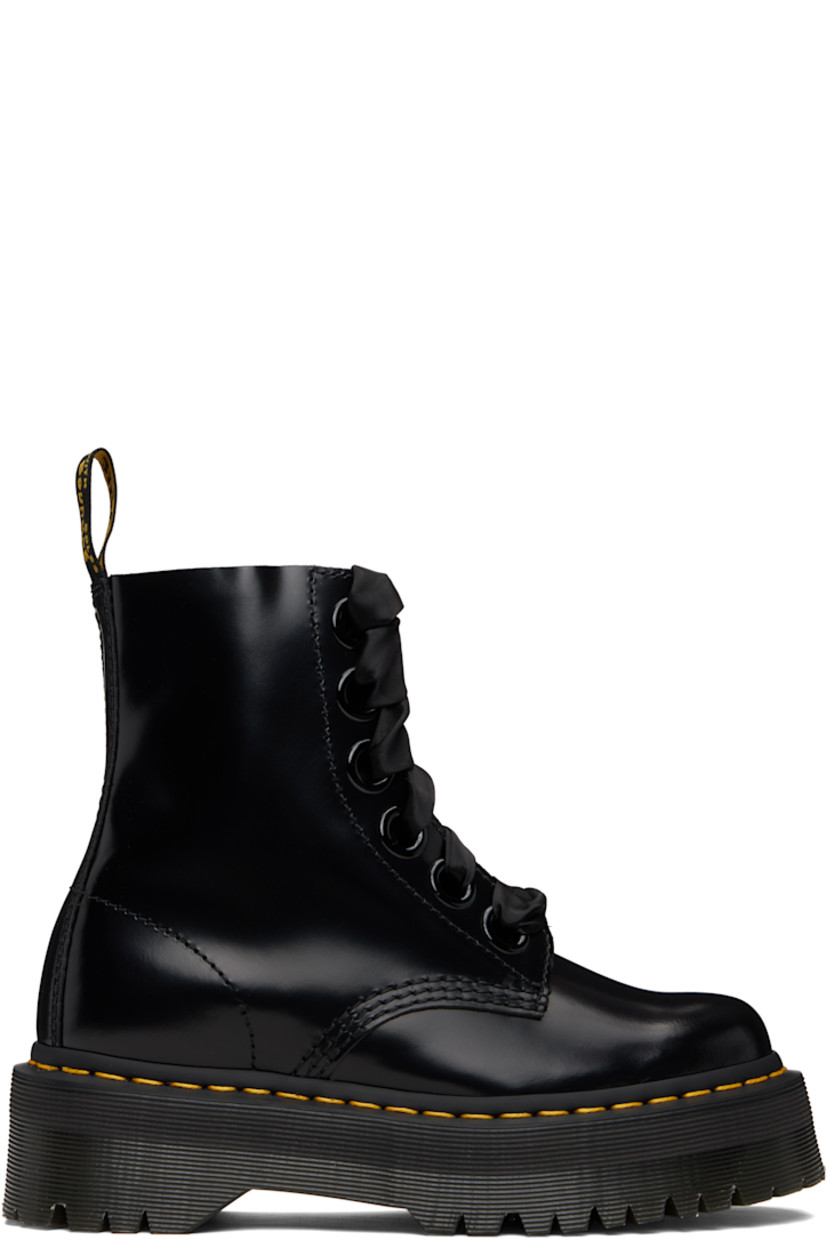 Ankle-high polished leather boots.

· Lace-up closure
· Pull-loop at heel collar
· Suede lining
· Yellow topstitching at heat-sealed Goodyear welt
· Treaded Air Cushion rubber platform sole
· Platform: H1.75"

Supplier color: Black buttero