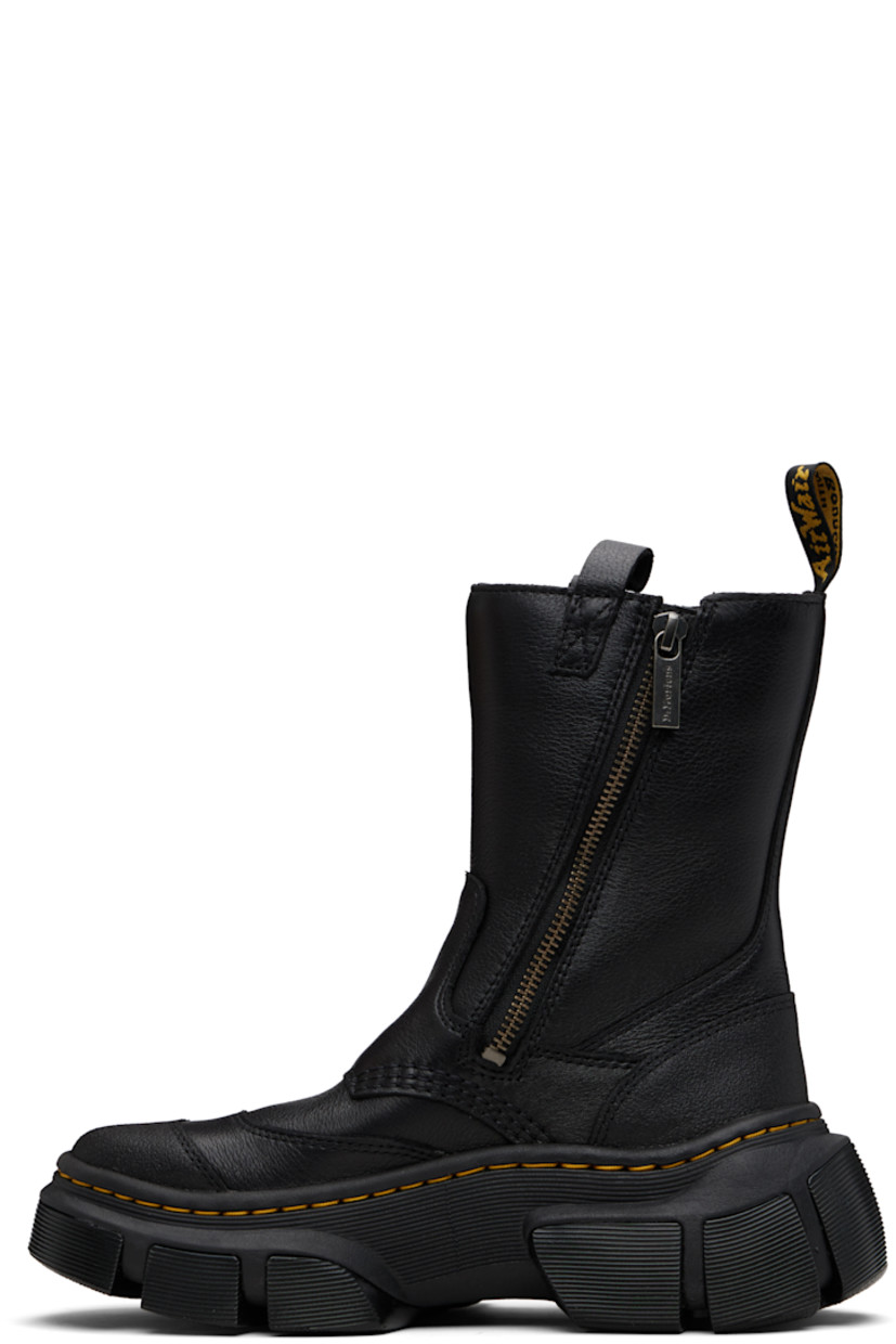 Mid-calf grained Lunar leather boots.

· Textured rubber cap toe
· Pull-loops at collar
· Zip closure at sides
· Text-woven pull-loop at heel collar
· SoftWair insole
· Yellow stitching at heat-sealed Goodyear welt
· Lugged DMXL rubber sole
· Platform: H1.5"
· Heel: H2.25"

Supplier color: Black