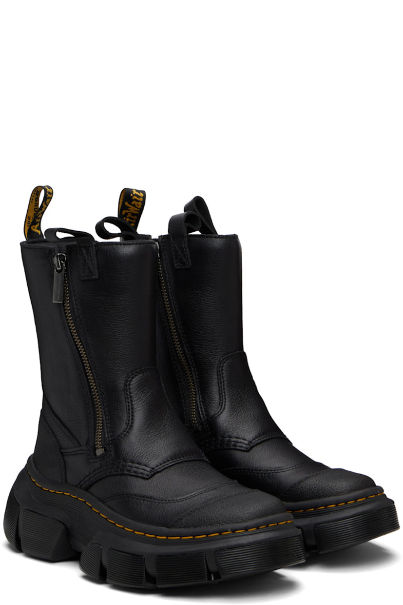 Mid-calf grained Lunar leather boots.

· Textured rubber cap toe
· Pull-loops at collar
· Zip closure at sides
· Text-woven pull-loop at heel collar
· SoftWair insole
· Yellow stitching at heat-sealed Goodyear welt
· Lugged DMXL rubber sole
· Platform: H1.5"
· Heel: H2.25"

Supplier color: Black