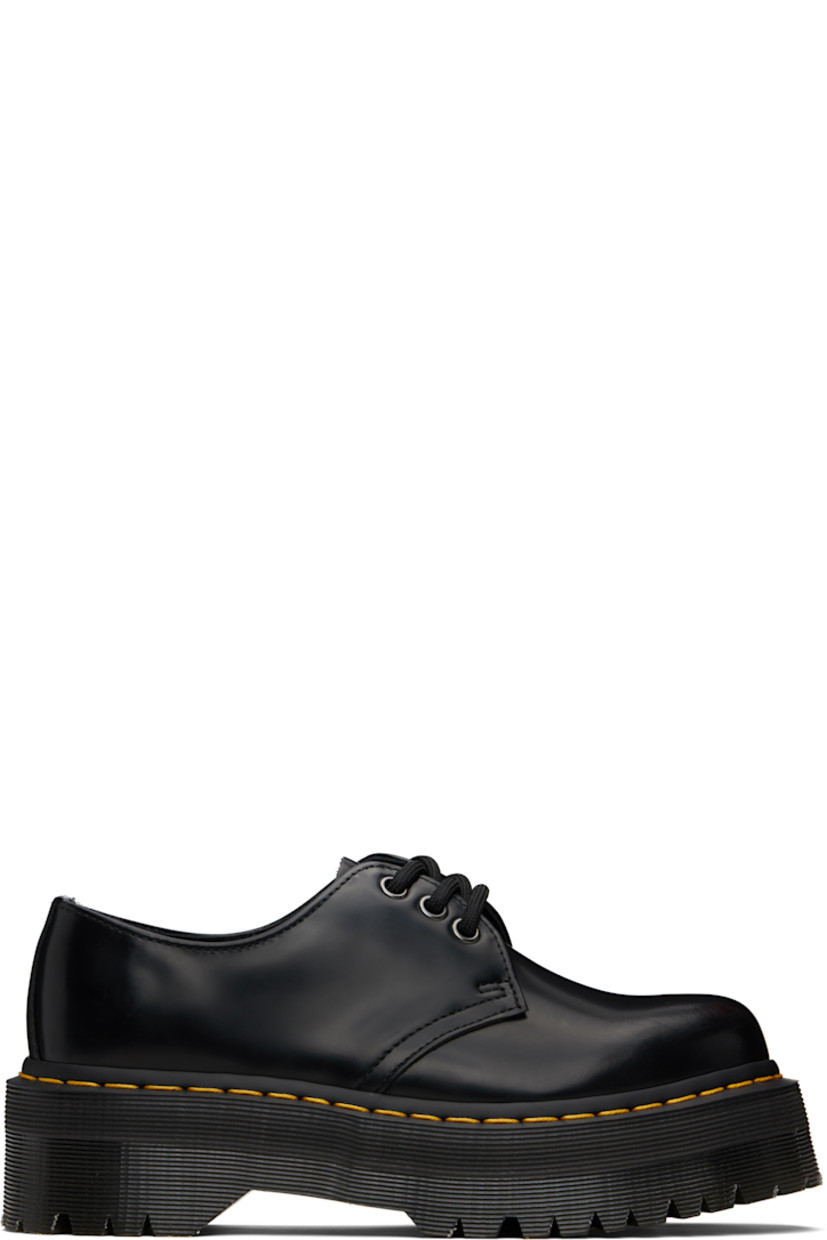 Polished leather derbys.

· Lace-up closure
· Buffed leather lining
· Yellow topstitching at heat-sealed Goodyear welt
· Treaded Air Cushion rubber platform sole
· Platform: H1.75"

Supplier color: Black polished smooth