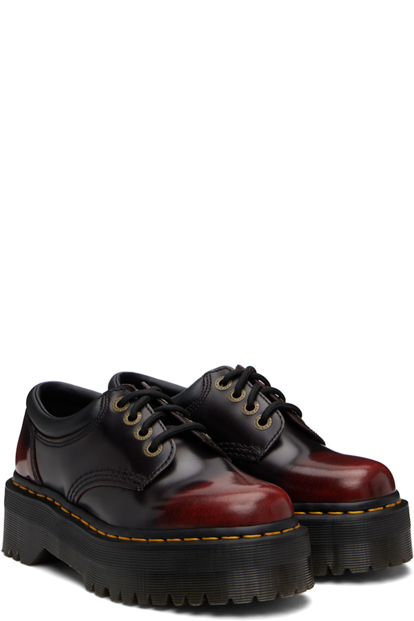 Buffed Arcadia leather derbys.

· Discoloration throughout
· Lace-up closure
· Padded collar
· Buffed leather lining
· Yellow stitching at heat-sealed Goodyear welt
· Treaded Air Cushion rubber platform sole
· Platform: H1.75"

Supplier color: Cherry red