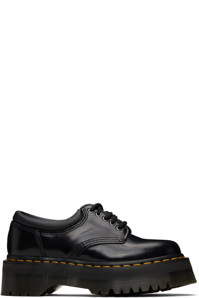 Polished leather derbys.

· Lace-up closure
· Padded collar
· Buffed leather lining
· Yellow topstitching at heat-sealed Goodyear welt
· Treaded Air Cushion rubber platform sole
· Platform: H1.75"

Supplier color: Black polished smooth