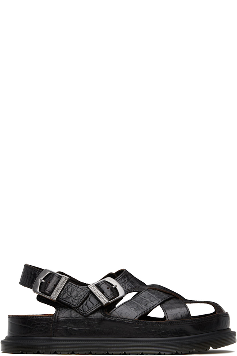 Croc-embossed leather flat sandals in brown.

· Cutouts throughout
· Pin-buckle ankle strap and slingback strap
· Logo printed at molded footbed
· Yellow topstitching at heat-sealed Goodyear welt
· Treaded Air Cushion rubber sole

Supplier color: Dark brown