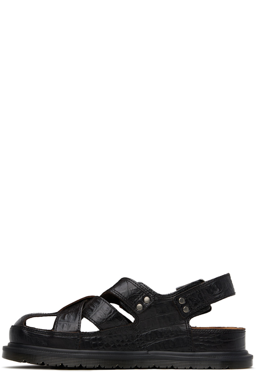 Croc-embossed leather flat sandals in brown.

· Cutouts throughout
· Pin-buckle ankle strap and slingback strap
· Logo printed at molded footbed
· Yellow topstitching at heat-sealed Goodyear welt
· Treaded Air Cushion rubber sole

Supplier color: Dark brown