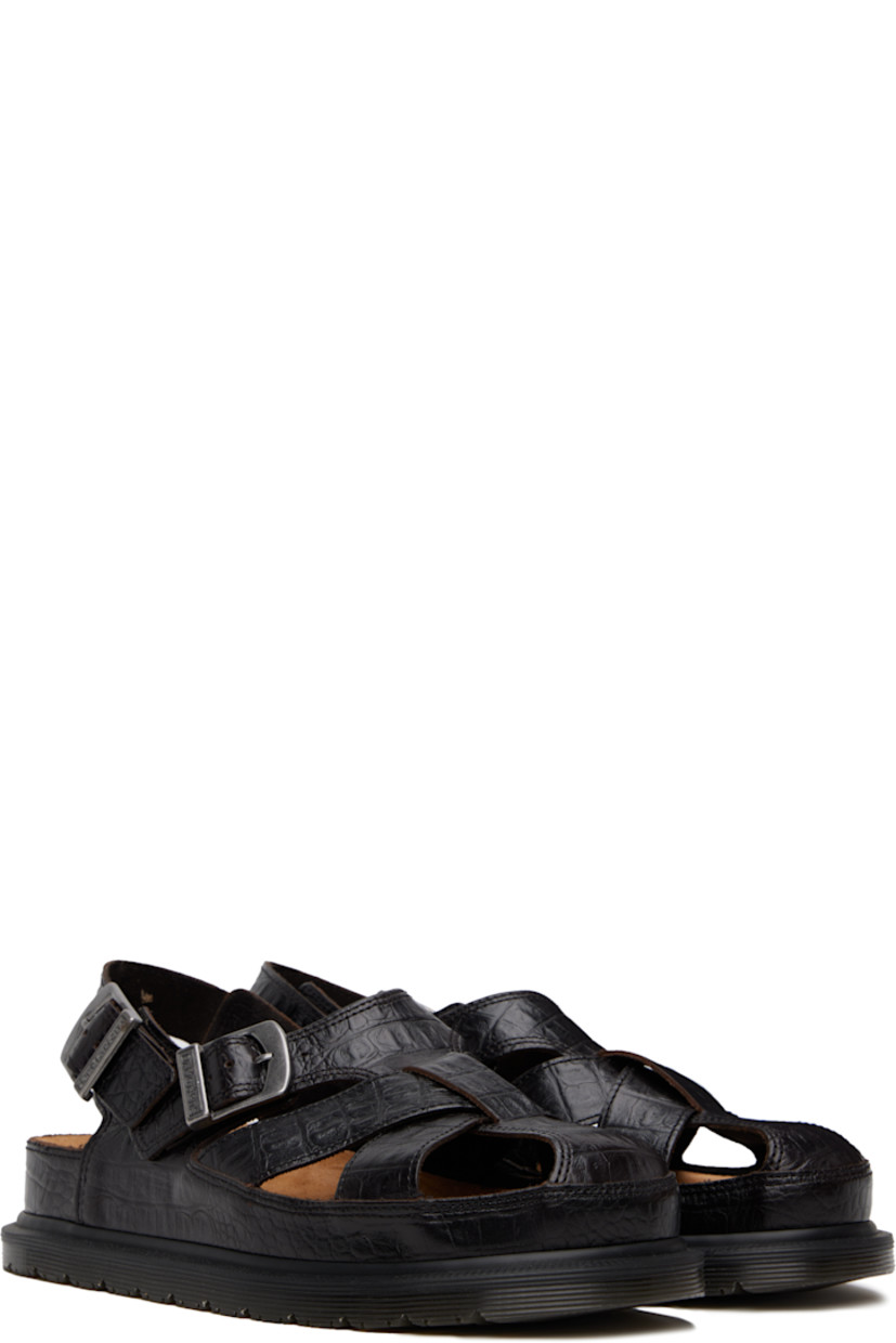Croc-embossed leather flat sandals in brown.

· Cutouts throughout
· Pin-buckle ankle strap and slingback strap
· Logo printed at molded footbed
· Yellow topstitching at heat-sealed Goodyear welt
· Treaded Air Cushion rubber sole

Supplier color: Dark brown