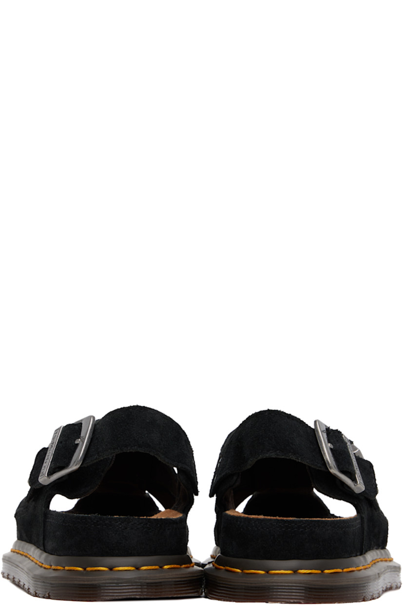 Suede flat sandals in black.

· Cutouts throughout
· Pin-buckle ankle strap and slingback strap
· Logo printed at molded footbed
· Yellow topstitching at heat-sealed Goodyear welt
· Treaded Air Cushion rubber sole

Supplier color: Black