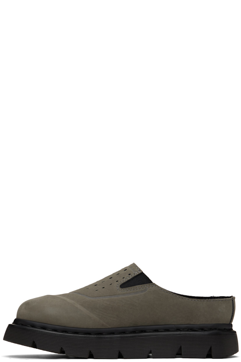 Nubuck slip-on loafers in gray.

· Cap toe
· Perforations and elasticized gusset at vamp
· Faux-suede lining
· Heat-sealed Goodyear welt
· Textured Air Cushion rubber platform midsole
· Treaded rubber sole
· Platform: H1.25"

Supplier color: Dark grey
