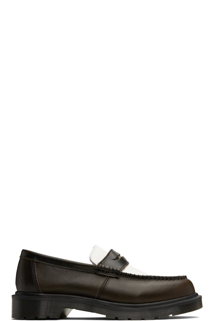 Handcrafted buffed calfskin loafers in brown and white.

· Calfskin by Charles F Stead & Co.
· Blanket stitching at moc toe
· Strap with logo hardware at vamp
· Suede lining
· Heat-sealed Goodyear welt
· Treaded Air Cushion rubber sole

Supplier color: Olive/White
