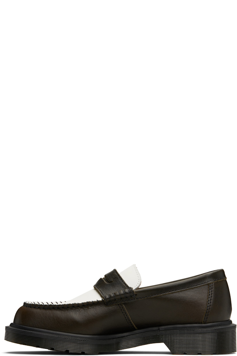 Handcrafted buffed calfskin loafers in brown and white.

· Calfskin by Charles F Stead & Co.
· Blanket stitching at moc toe
· Strap with logo hardware at vamp
· Suede lining
· Heat-sealed Goodyear welt
· Treaded Air Cushion rubber sole

Supplier color: Olive/White