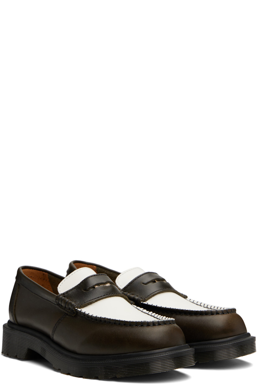 Handcrafted buffed calfskin loafers in brown and white.

· Calfskin by Charles F Stead & Co.
· Blanket stitching at moc toe
· Strap with logo hardware at vamp
· Suede lining
· Heat-sealed Goodyear welt
· Treaded Air Cushion rubber sole

Supplier color: Olive/White