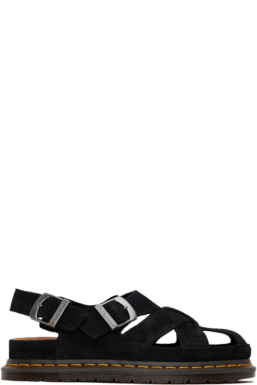 Suede sandals in black.

· Cutouts throughout
· Pin-buckle ankle strap and slingback strap
· Logo printed at molded footbed
· Yellow topstitching at heat-sealed Goodyear welt
· Treaded Air Cushion rubber sole

Supplier color: Black