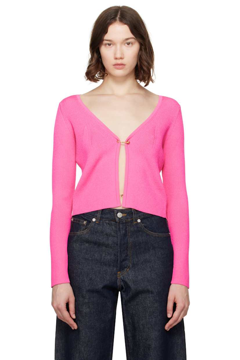 Rib-knit viscose-blend cardigan. 

· V-neck
· Safety-pin fastening at front 
· Darts at chest 
· Medusa-engraved gold-tone hardware

Part of the La Vacanza collection.

Supplier color: Pink