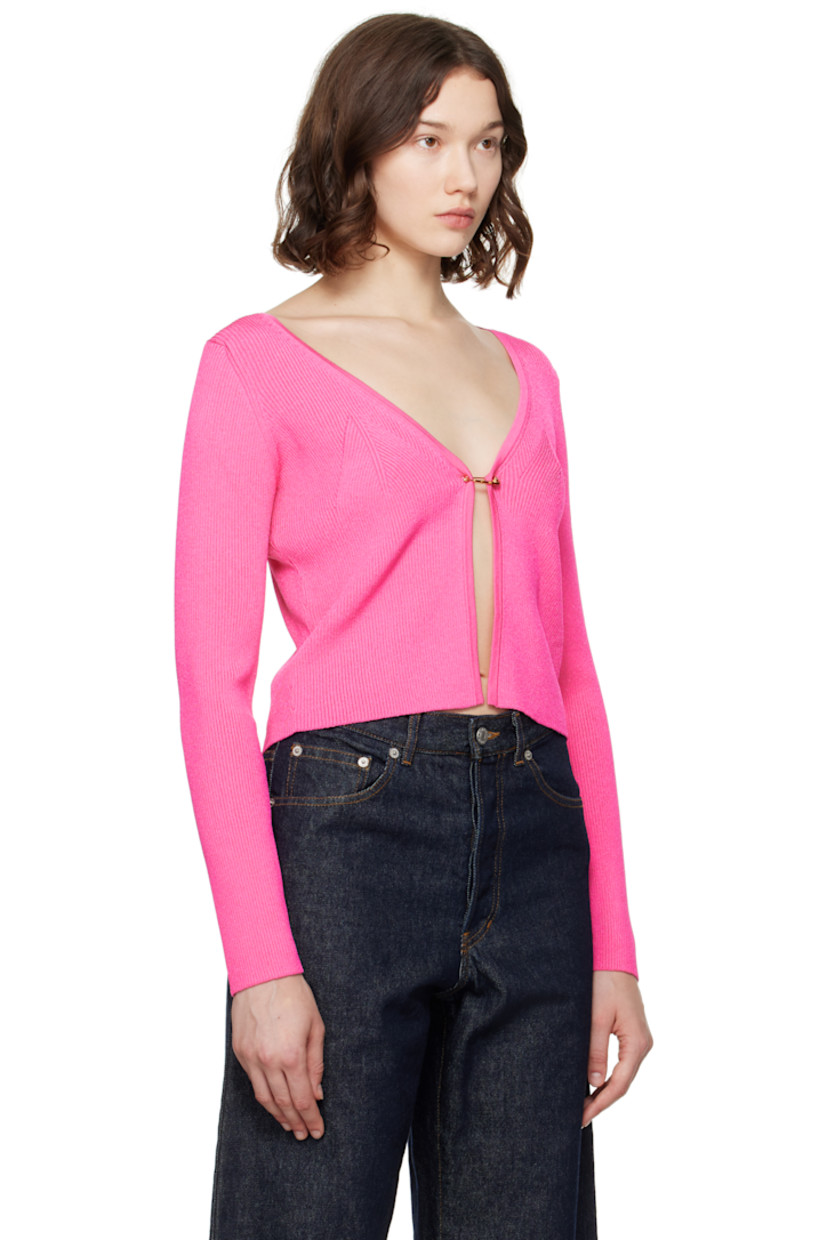Rib-knit viscose-blend cardigan. 

· V-neck
· Safety-pin fastening at front 
· Darts at chest 
· Medusa-engraved gold-tone hardware

Part of the La Vacanza collection.

Supplier color: Pink