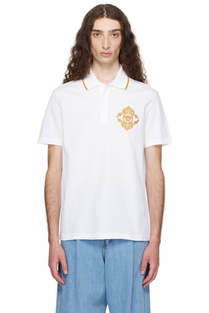 Cotton piqué polo. 

· Striped rib-knit spread collar
· Three-button placket 
· Embroidered logo graphic at chest

Supplier color: White