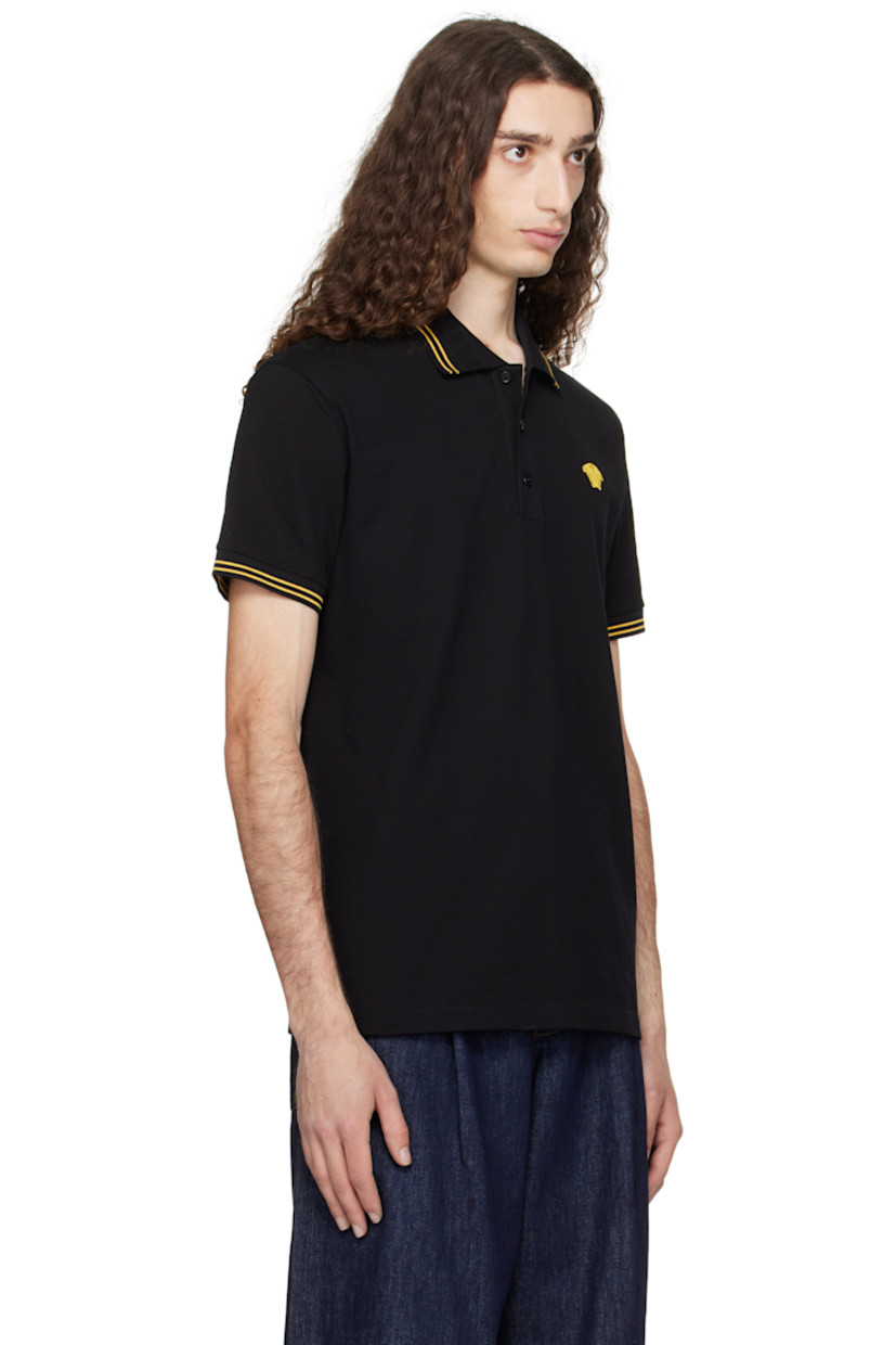 Cotton piqué polo.

· Stripes at rib-knit spread collar and cuffs
· Jacquard Greek key pattern at collar
· Three-button placket 
· Embroidered Medusa at chest 

Supplier color: Black
