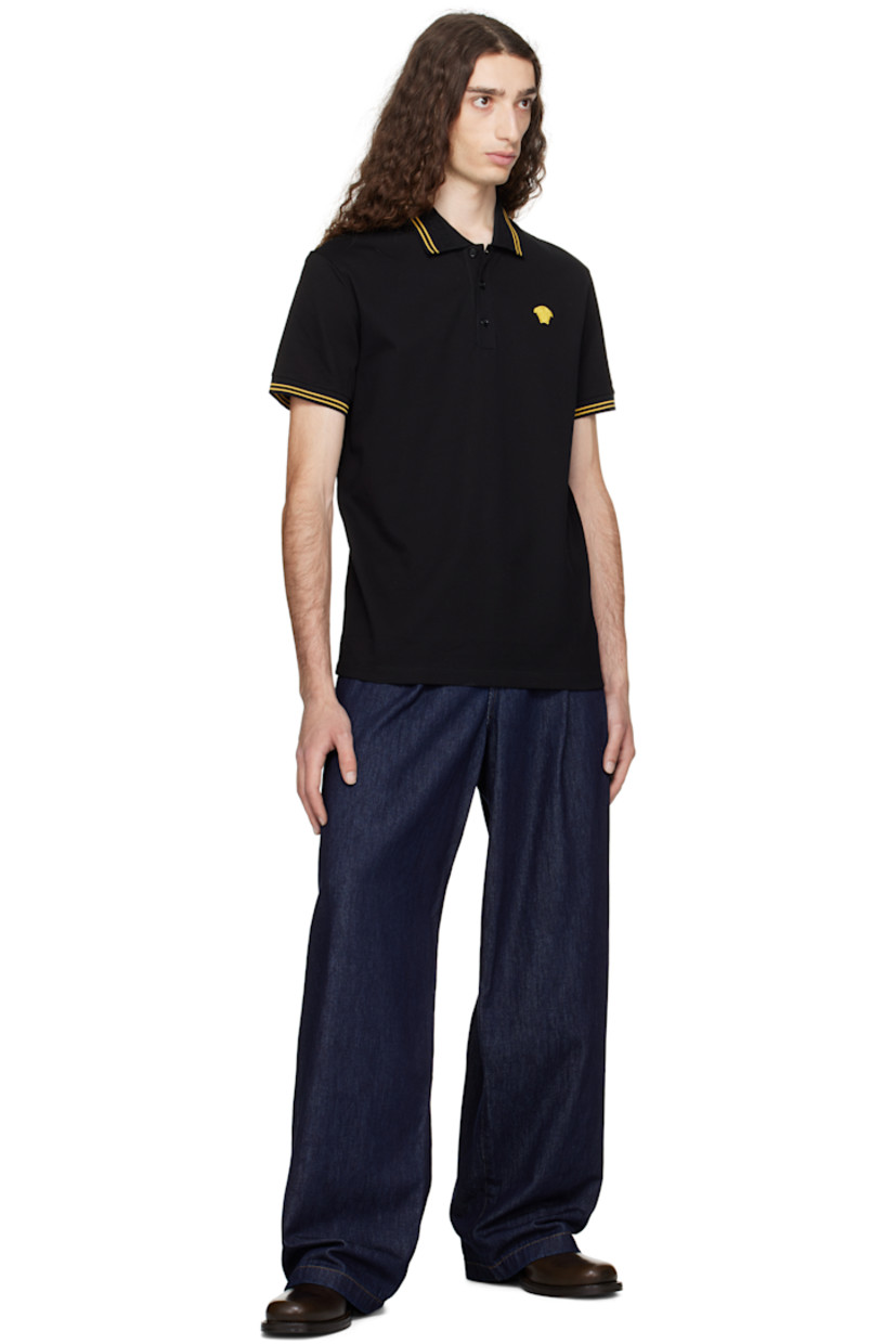 Cotton piqué polo.

· Stripes at rib-knit spread collar and cuffs
· Jacquard Greek key pattern at collar
· Three-button placket 
· Embroidered Medusa at chest 

Supplier color: Black