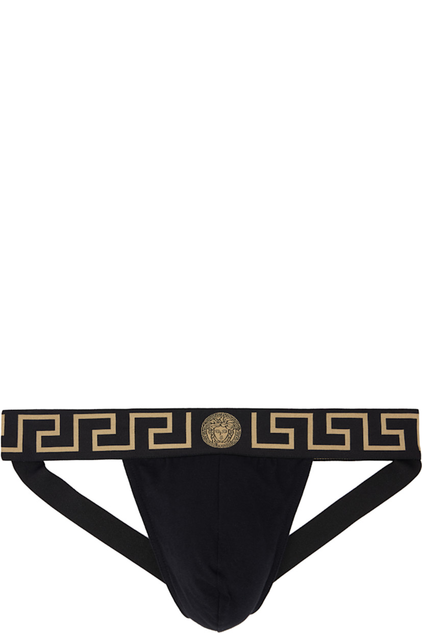 Stretch organic cotton jersey jockstrap.

· Medusa and Greek key pattern at elasticized waistband
· Elasticized straps at back

Supplier color: Black