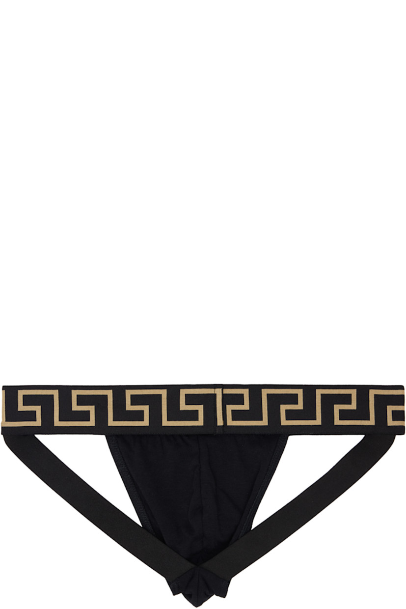 Stretch organic cotton jersey jockstrap.

· Medusa and Greek key pattern at elasticized waistband
· Elasticized straps at back

Supplier color: Black