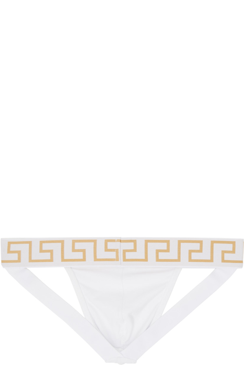 Stretch organic cotton jersey jockstrap.

· Medusa and Greek key pattern at elasticized waistband
· Elasticized straps at back

Supplier color: White