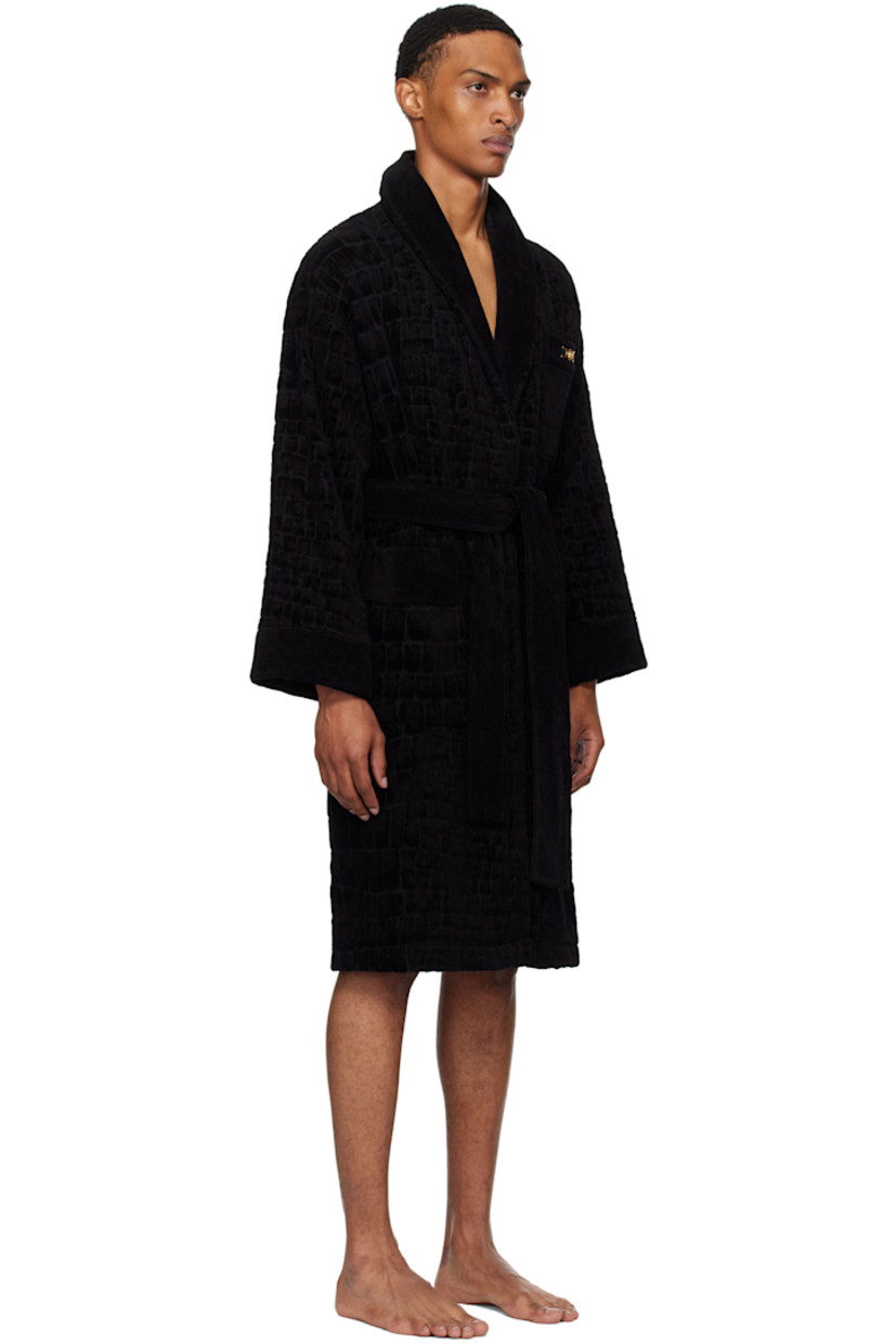 Cotton terrycloth bathrobe. Jacquard graphic pattern throughout.

· Shawl collar
· Medusa hardware at chest
· Patch pockets
· Belt loops and detachable self-tie belt
· Logo embroidered at back

Supplier color: Black