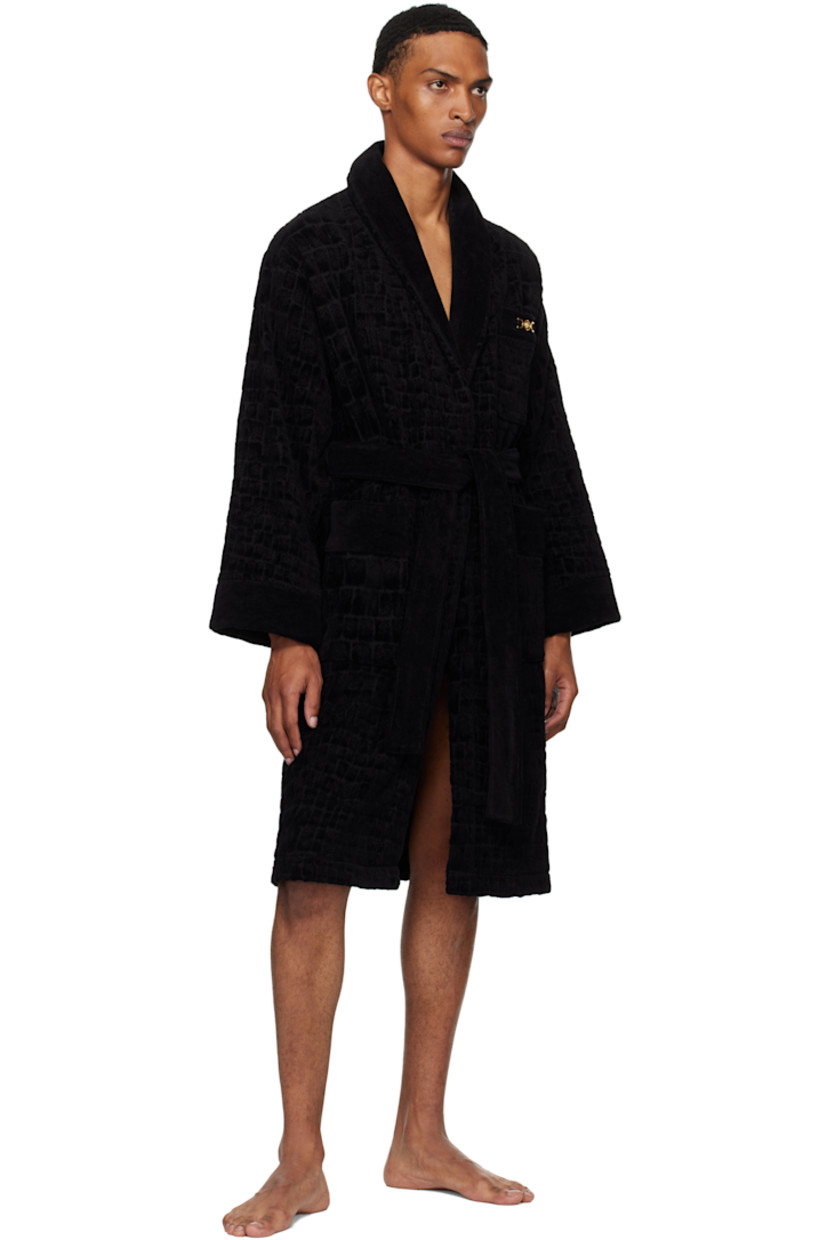Cotton terrycloth bathrobe. Jacquard graphic pattern throughout.

· Shawl collar
· Medusa hardware at chest
· Patch pockets
· Belt loops and detachable self-tie belt
· Logo embroidered at back

Supplier color: Black