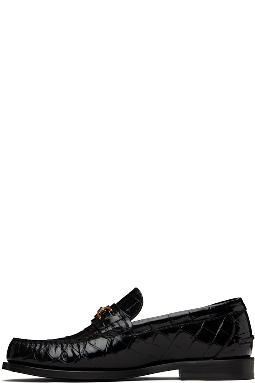 Croc-embossed polished calfskin loafers.

· Gathering at moc toe
· Medusa hardware at vamp strap
· Pinched seam at heel counter
· Stacked leather heel
· Polished calfskin sole

Supplier color: Black/Gold