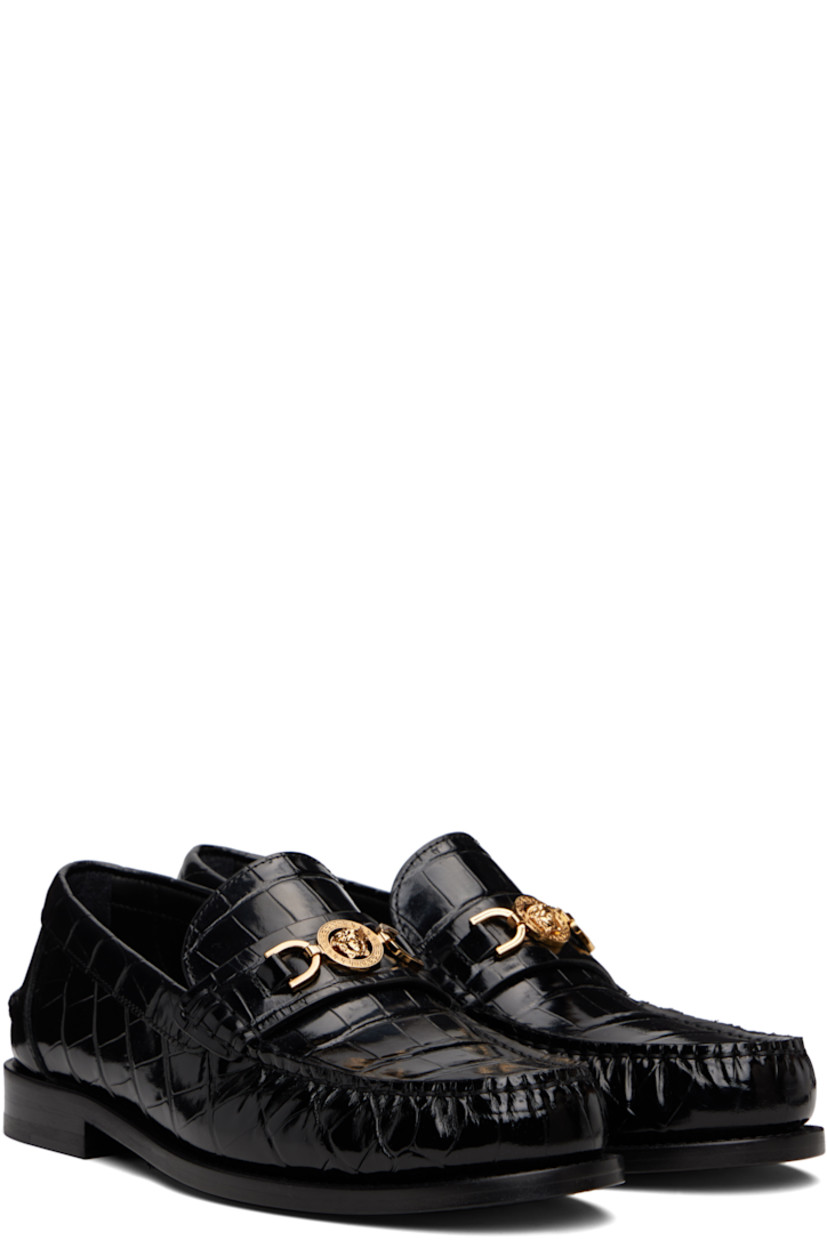 Croc-embossed polished calfskin loafers.

· Gathering at moc toe
· Medusa hardware at vamp strap
· Pinched seam at heel counter
· Stacked leather heel
· Polished calfskin sole

Supplier color: Black/Gold