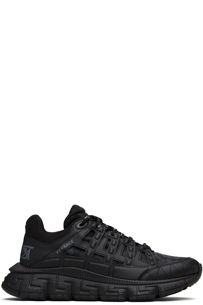 Low-top canvas and buffed calfskin sneakers.

· Jacquard Barocco pattern throughout
· Logo patch at lace-up closure and tongue
· Padded tongue and collar
· Logo and text printed at sides
· Text embossed at heel counter
· Logo embossed at heel
· Greek key-embossed textured rubber midsole
· Treaded rubber sole

Supplier color: Black