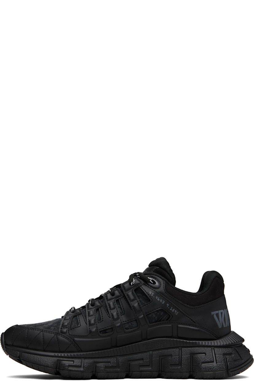 Low-top canvas and buffed calfskin sneakers.

· Jacquard Barocco pattern throughout
· Logo patch at lace-up closure and tongue
· Padded tongue and collar
· Logo and text printed at sides
· Text embossed at heel counter
· Logo embossed at heel
· Greek key-embossed textured rubber midsole
· Treaded rubber sole

Supplier color: Black