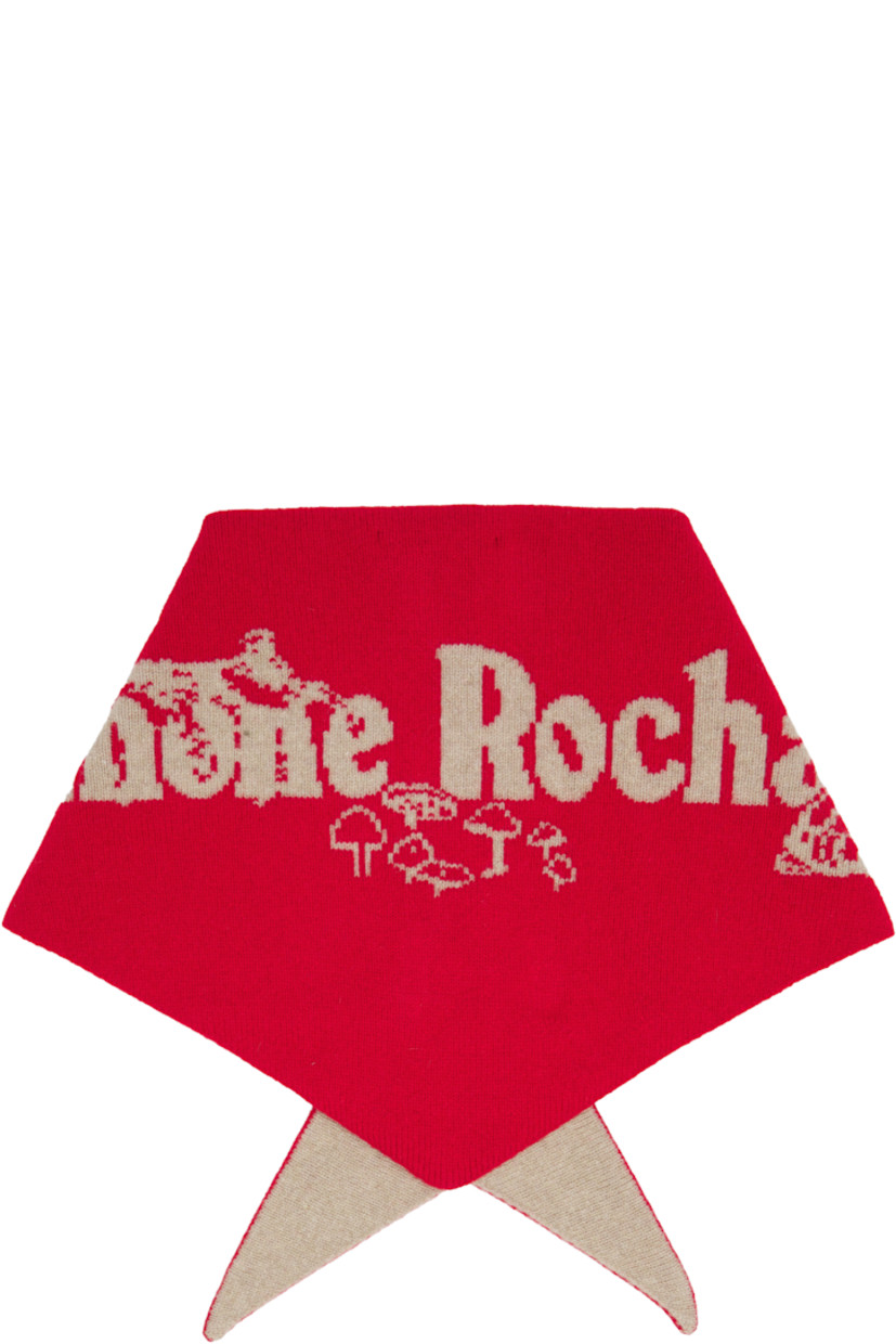 Triangular knit merino wool- and cashmere-blend scarf.

· Jacquard logo graphic throughout
· Faux-pearls at face
· L15" x W23"

Featuring artwork by Oscar Torrans.

Supplier color: Red/Oat