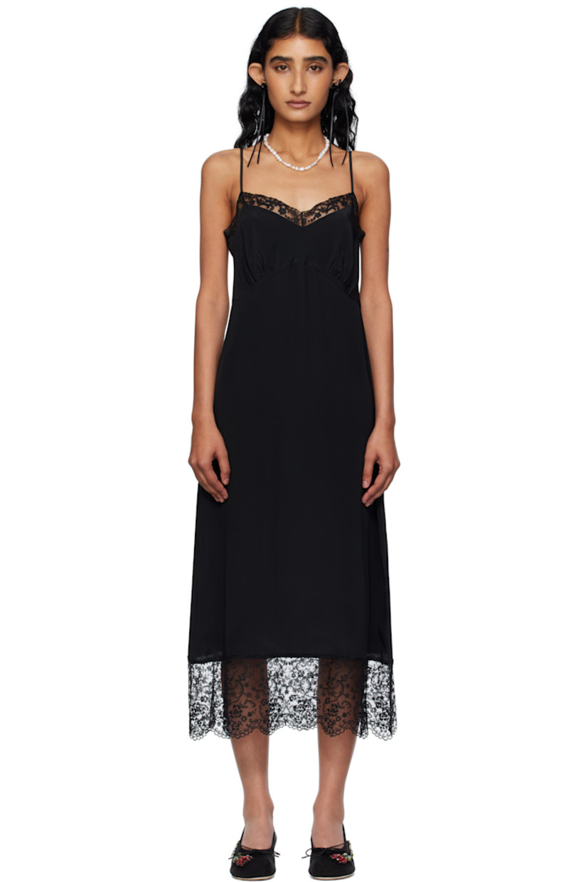 Crêpe de chine midi dress.

· Lace trim at sweetheart neck and hem
· Gathering at cups
· Adjustable spaghetti straps

Supplier color: Black