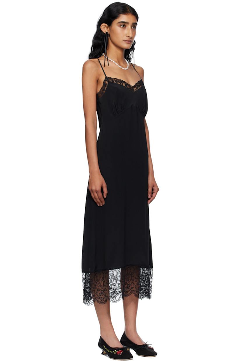 Crêpe de chine midi dress.

· Lace trim at sweetheart neck and hem
· Gathering at cups
· Adjustable spaghetti straps

Supplier color: Black