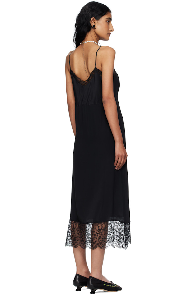 Crêpe de chine midi dress.

· Lace trim at sweetheart neck and hem
· Gathering at cups
· Adjustable spaghetti straps

Supplier color: Black