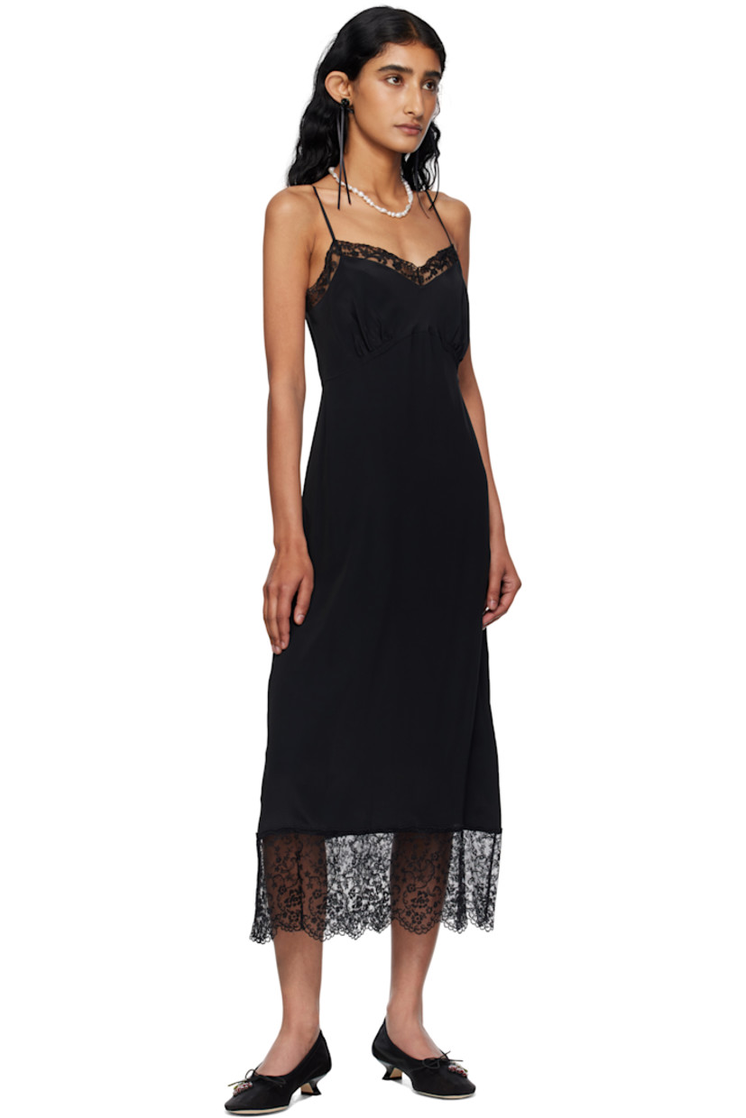 Crêpe de chine midi dress.

· Lace trim at sweetheart neck and hem
· Gathering at cups
· Adjustable spaghetti straps

Supplier color: Black
