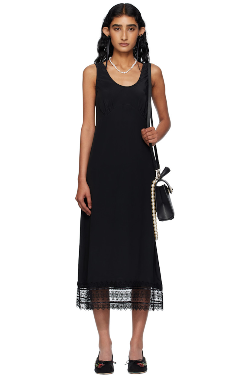 Crêpe de chine midi dress.

· Picot trim at scoop neck and armscyes
· Gathering at cups
· Lace trim at hem

Supplier color: Black
