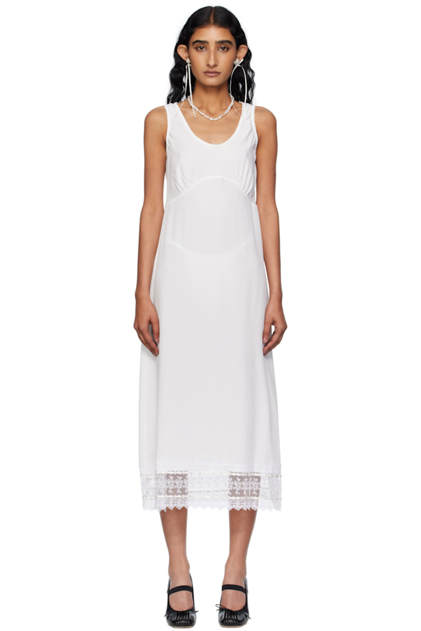 Semi-sheer crêpe de chine midi dress.

· Picot trim at scoop neck and armscyes
· Gathering at cups
�· Lace trim at hem

Supplier color: Ivory
