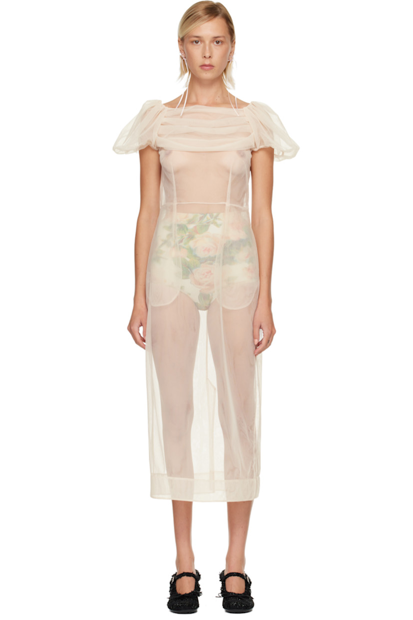 Sheer nylon tulle midi dress.

· Boatneck
· Draping and darts at chest
· Seam pockets at waist
· Puff sleeves
· Zip closure at back collar
· Central vent at back hem
· Unlined

Supplier color: Nude