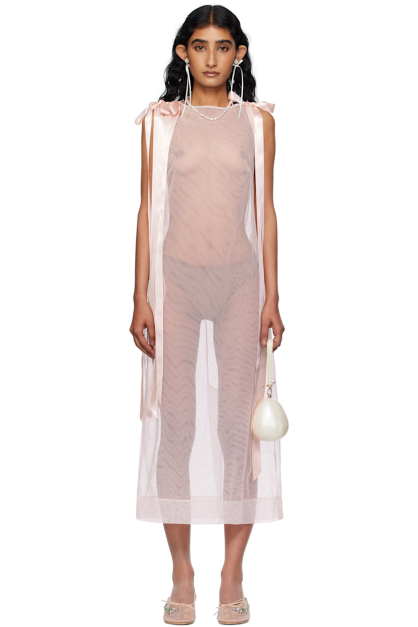 Sheer nylon tulle midi dress.

· Boatneck
· Darts at chest
· Seam pockets
· Bow appliqués at shoulders
· Zip closure at back
· Central vent at back hem

Supplier color: Pale Pink
