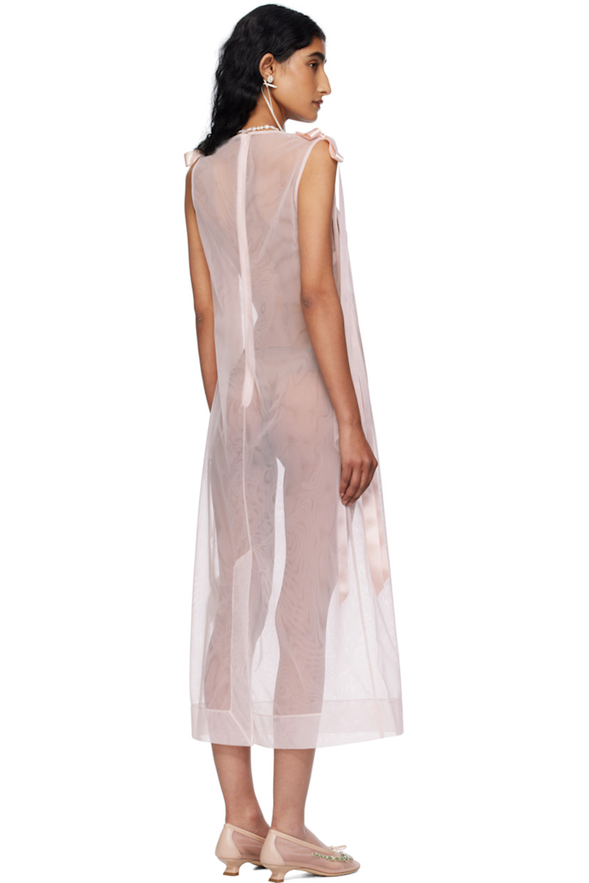 Sheer nylon tulle midi dress.

· Boatneck
· Darts at chest
· Seam pockets
· Bow appliqués at shoulders
· Zip closure at back
· Central vent at back hem

Supplier color: Pale Pink