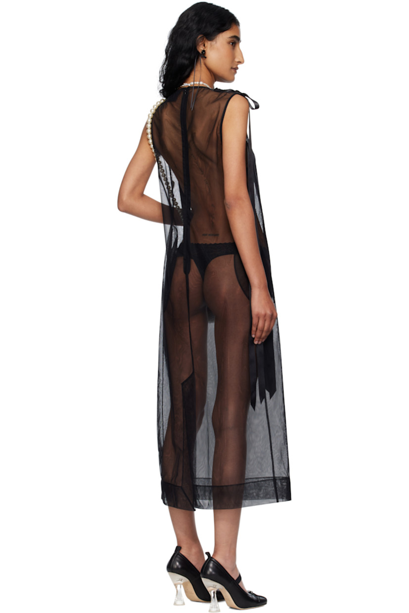 Sheer nylon tulle midi dress.

· Boatneck
· Darts at chest
· Seam pockets
· Bow appliqués at shoulders
· Zip closure at back
· Central vent at back hem

Supplier color: Black