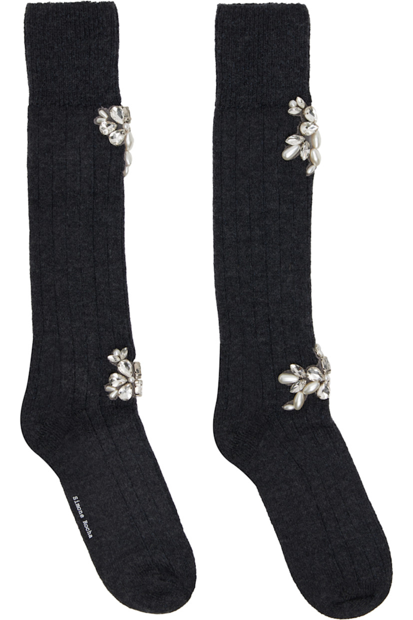 Pair of knee-high rib-knit stretch wool-blend socks.

· Crystal-cut and faux-pearl accents at cuff and ankle
· Logo printed at sole

Supplier color: Charcoal/Pearl/Clear