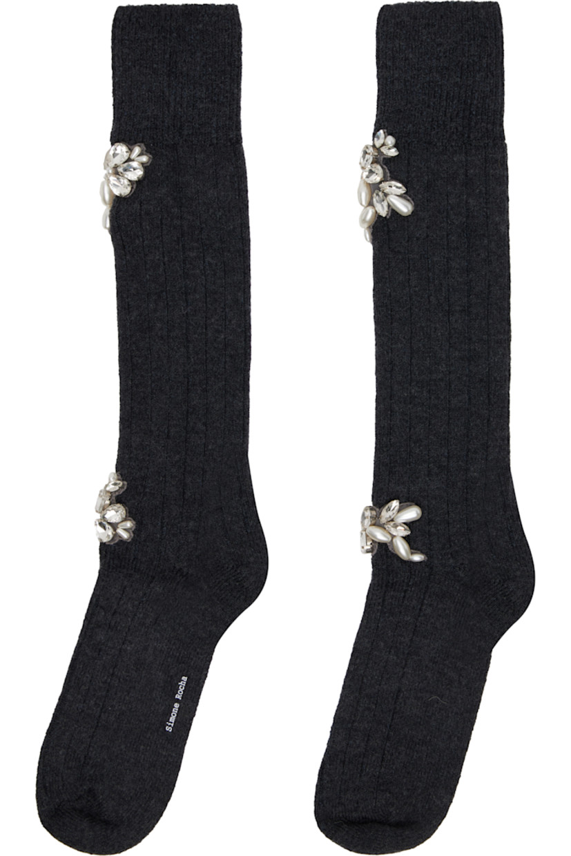 Pair of knee-high rib-knit stretch wool-blend socks.

· Crystal-cut and faux-pearl accents at cuff and ankle
· Logo printed at sole

Supplier color: Charcoal/Pearl/Clear