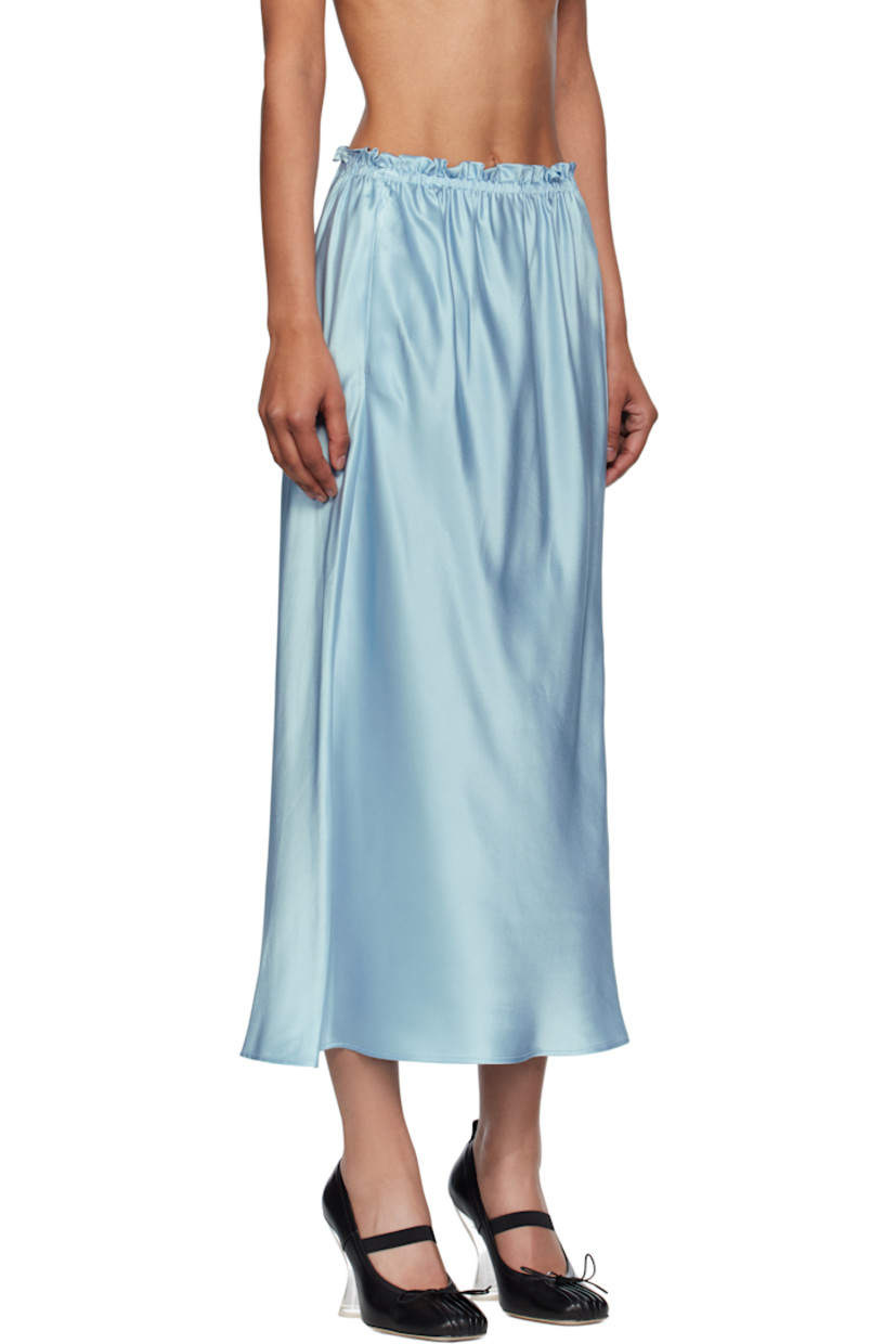 Silk satin midi skirt.

· Mid-rise
· Ruffles at elasticized waistband
· Two-pocket styling
· Gathering at side

Supplier color: Baby Blue