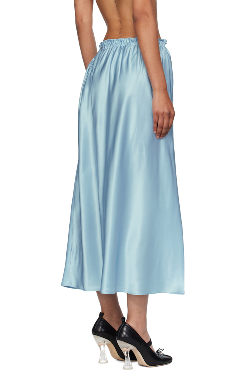 Silk satin midi skirt.

· Mid-rise
· Ruffles at elasticized waistband
· Two-pocket styling
· Gathering at side

Supplier color: Baby Blue